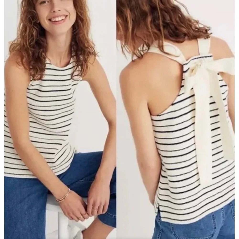 Madewell Striped Preppy Classic Sleeveless Knit Tank Top with Bow Detail